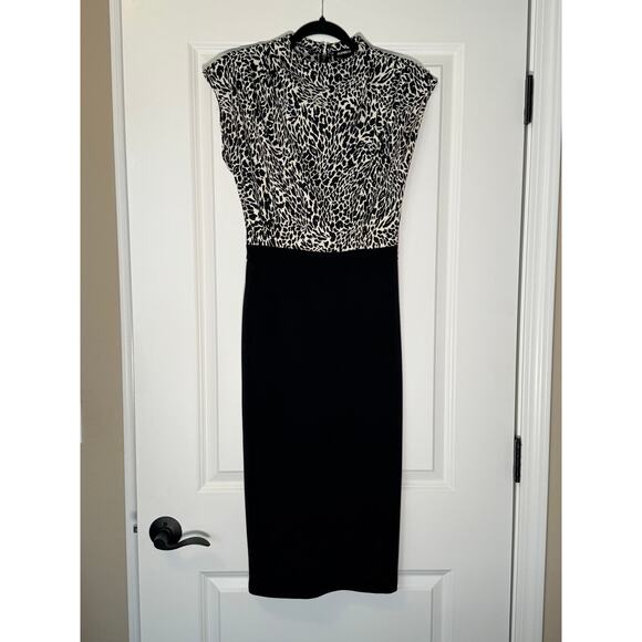 Black & White Mock Neck Midi Sheath Dress - Picture 1 of 4